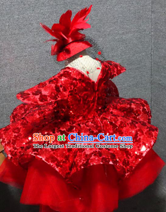 Top Children Day Performance Clothing Girl Chorus Garment Catwalks Red Sequins Dress Christmas Party Formal Evening Wear