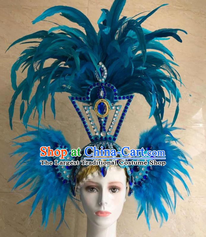 Handmade Halloween Cosplay Hair Accessories Samba Dance Headpiece Rio Carnival Blue Feather Headdress Stage Show Royal Crown