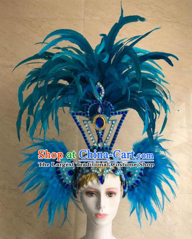 Handmade Halloween Cosplay Hair Accessories Samba Dance Headpiece Rio Carnival Blue Feather Headdress Stage Show Royal Crown