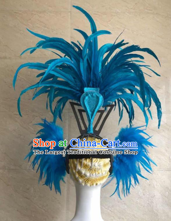 Handmade Halloween Cosplay Hair Accessories Samba Dance Headpiece Rio Carnival Blue Feather Headdress Stage Show Royal Crown