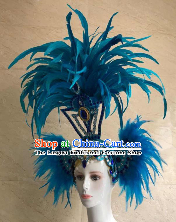 Handmade Halloween Cosplay Hair Accessories Samba Dance Headpiece Rio Carnival Blue Feather Headdress Stage Show Royal Crown
