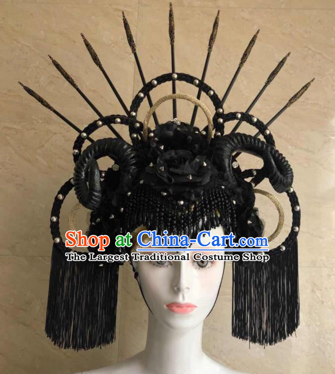 Handmade Rio Carnival Headdress Black Tassel Royal Crown Halloween Cosplay Hair Accessories Opening Dance Headpiece