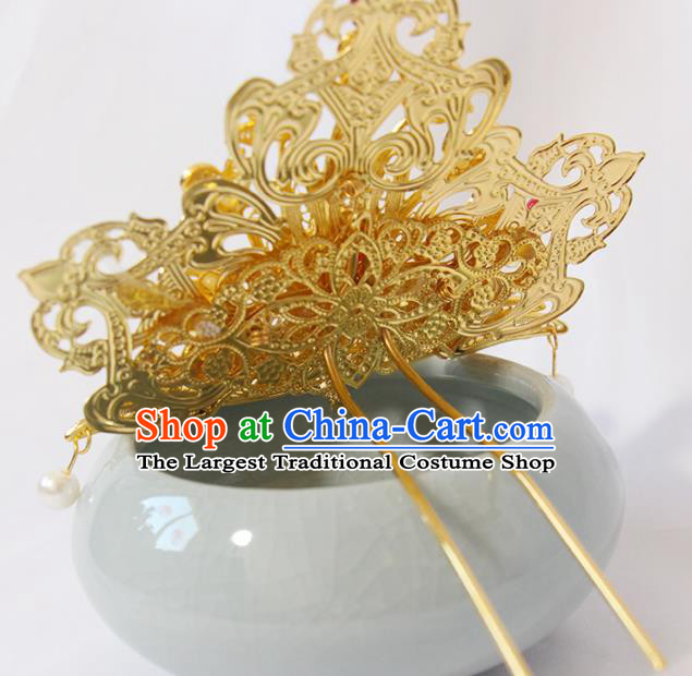 Chinese Traditional Hanfu Hair Accessories Ancient Princess Golden Phoenix Hairpin Classical Wedding Hair Crown Handmade Ming Dynasty Headpiece