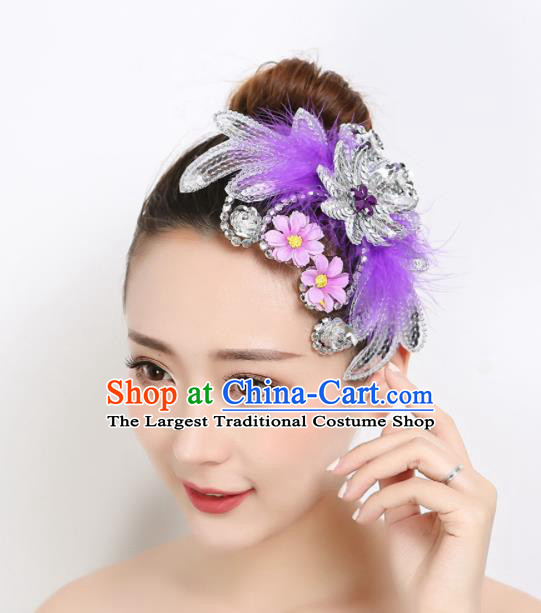 Chinese Dai Nationality Peacock Dance Purple Feather Hair Stick Folk Dance Hair Accessories Woman Stage Performance Headpiece