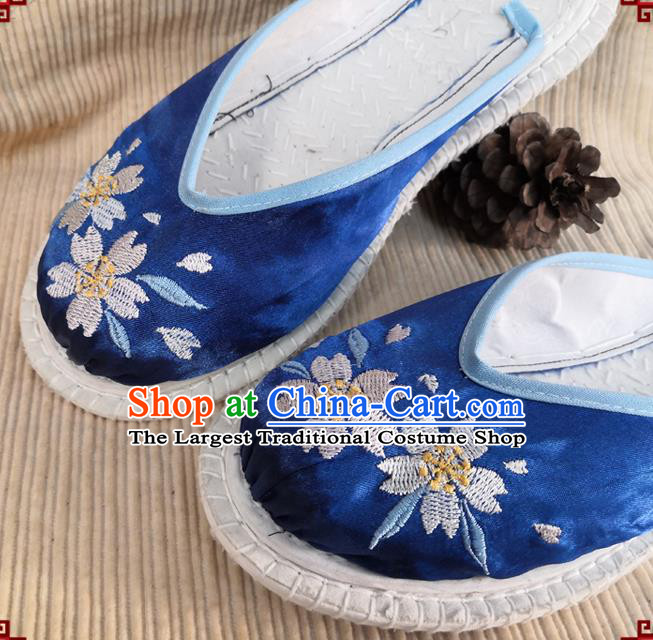 Chinese National Royalblue Satin Shoes Handmade Embroidery Shoes Woman Strong Cloth Slippers