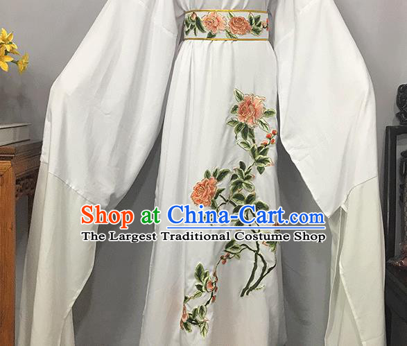 China Opera Childe Garment Costume Beijing Opera Xiaosheng Embroidered White Robe Traditional Yue Opera Scholar Clothing