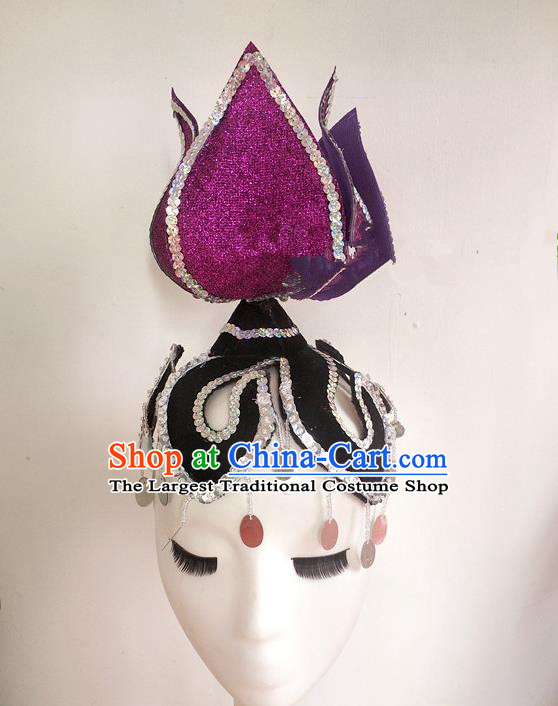 China Folk Dance Purple Aster Hat Yangko Dance Hair Accessories Flying Apsaras Dance Headpiece Women Opening Dance Hair Crown