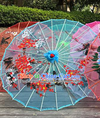 Chinese Blue Silk Umbrella Traditional Hanfu Bumbershoot Prop Hand Painting Plum Blossom Umbrella Classical Dance Umbrellas