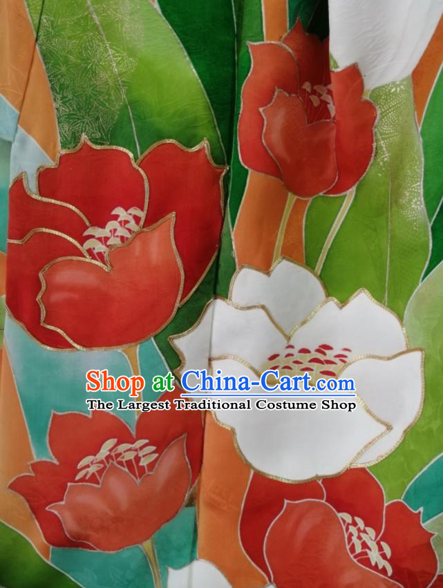 Japan Kyoto Yellow Yukata Dress Traditional Tulip Pattern Furisode Kimono Clothing Court Empress Garment Costume