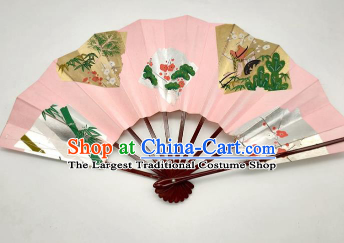 Japanese Stage Performance Accordion Handmade Printing Plum Bamboo Pink Fan Traditional Geisha Dance Folding Fan