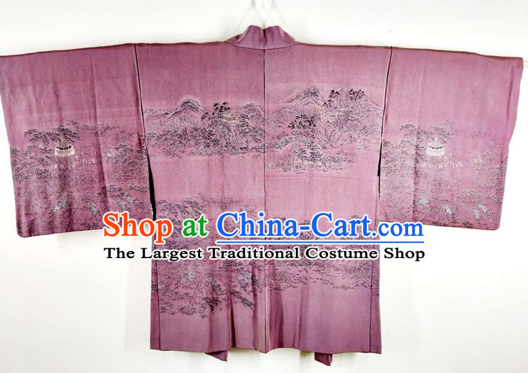 Japanese Classical Landscape Pattern Lilac Silk Overcoat Apparel Male Haori Jacket Clothing Traditional Kimono Outer Garment