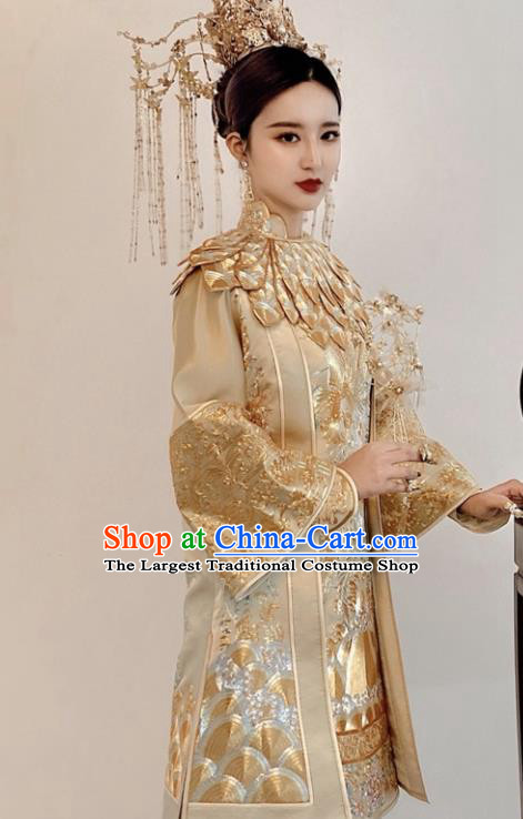 Chinese Traditional Bride Toasting Garment Costumes Ancient Empress Embroidered Dress Classical Golden Xiuhe Suits Wedding Ceremony Clothing