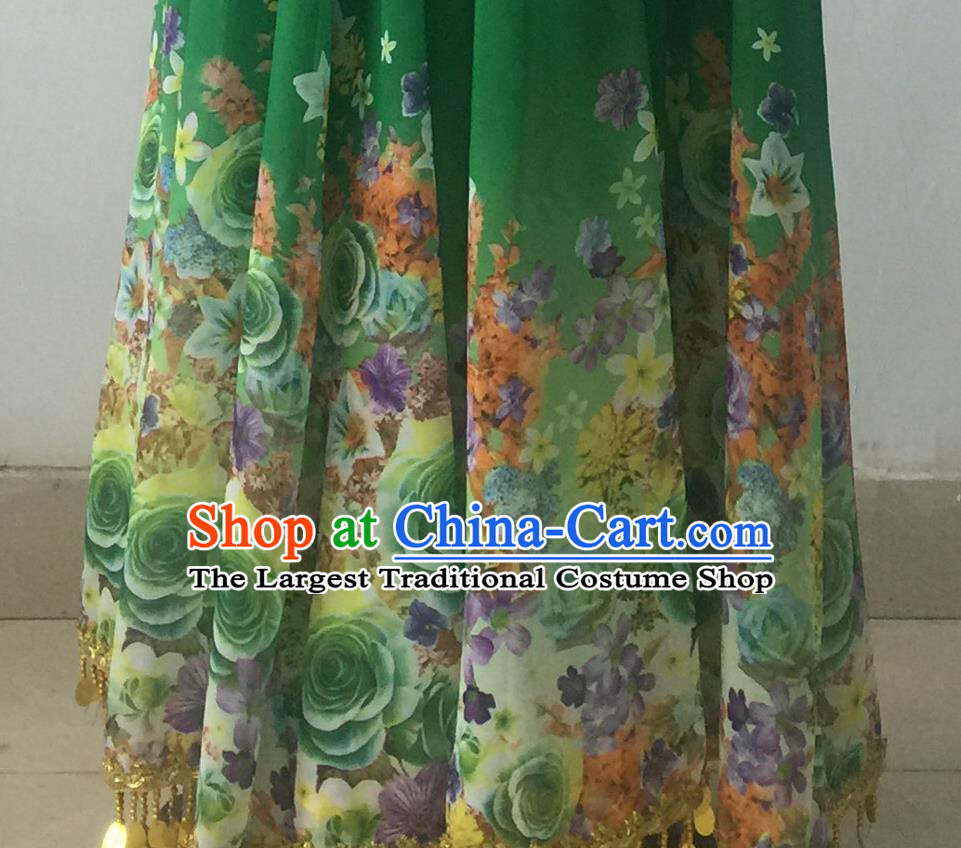 Chinese Uyghur Nationality Folk Dance Clothing Ethnic Female Dance Green Dress Uniforms Xinjiang Minority Performance Costumes