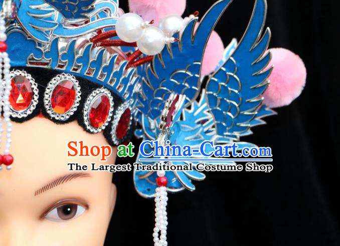 China Beijing Opera Children Headdress Ancient Swordswoman Hair Accessories Shaoxing Opera Actress Blue Phoenix Coronet