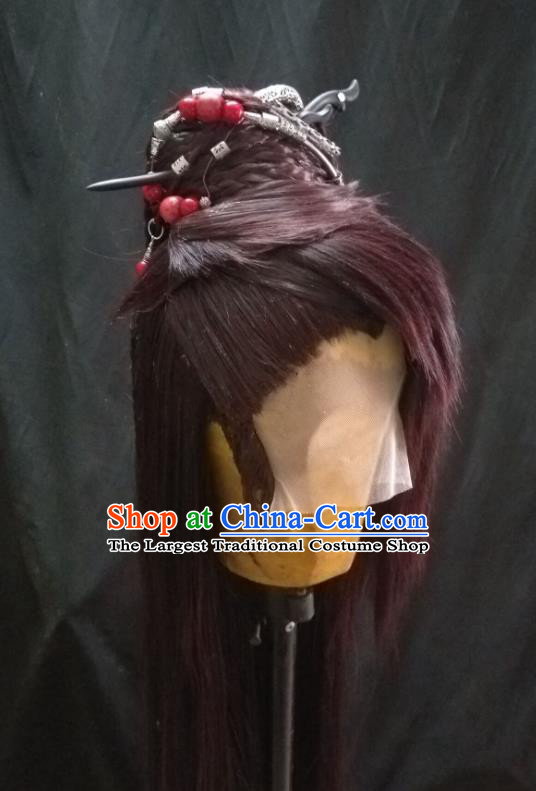 Handmade China Ancient Chivalrous Knight Brown Wigs Hair Accessories Cosplay Swordsman Hairpieces Traditional Puppet Show Young Childe Headdress