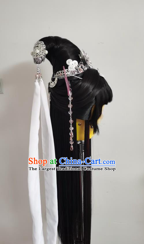 Chinese Cosplay Goddess Black Wigs and Hairpins Ancient Imperial Concubine Headdress Traditional Puppet Show Princess Hairpieces