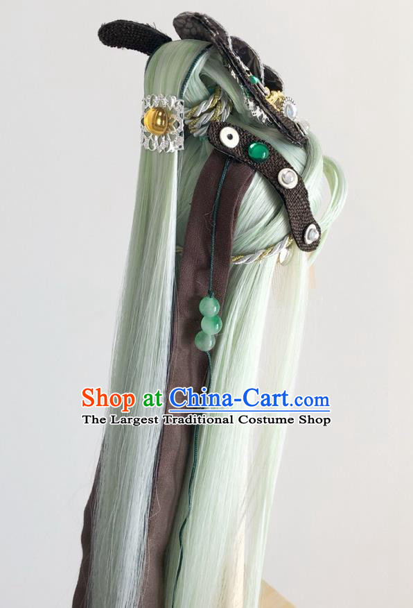 Handmade China Cosplay Noble Prince Green Wigs and Hair Crown Traditional Puppet Show Swordsman Mo Cangli Headdress Ancient Young Knight Hairpieces