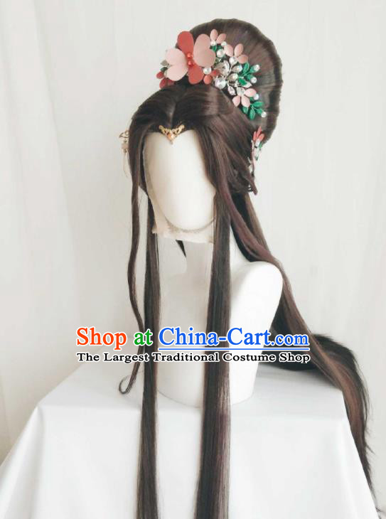 Chinese Ancient Court Beauty Brown Wigs Headwear Traditional Puppet Show Li Jianshi Hairpieces Cosplay Goddess Queen Hair Accessories