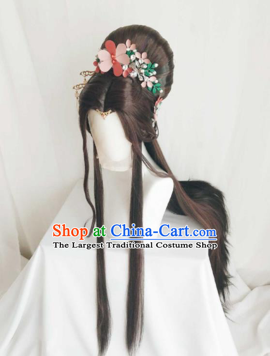 Chinese Ancient Court Beauty Brown Wigs Headwear Traditional Puppet Show Li Jianshi Hairpieces Cosplay Goddess Queen Hair Accessories