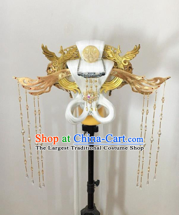 Chinese Cosplay Goddess Hair Accessories Ancient Queen White Wigs and Hair Crown Headwear Traditional Puppet Show Heaven Empress Hairpieces