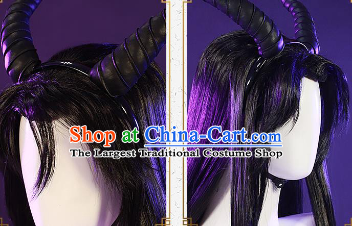 Chinese Ancient Swordsman Periwig Hair Accessories Handmade Cosplay Demon King Headdress Traditional Young Knight Black Wigs Hairpieces