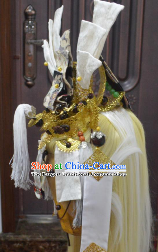 Chinese Ancient Emperor Periwig and Hair Crown Hair Accessories Handmade Cosplay Swordsman Headdress Traditional Puppet Show Golden Wigs Hairpieces