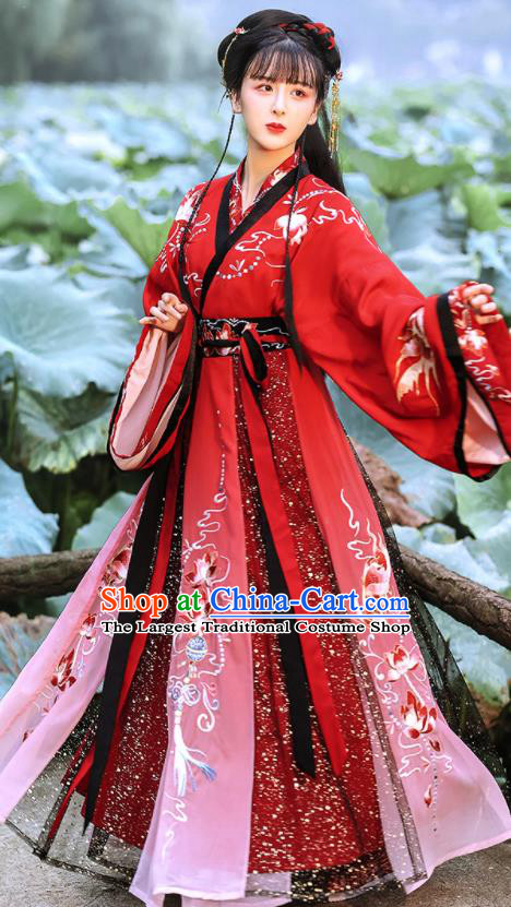 China Ancient Princess Garment Costumes Jin Dynasty Palace Beauty Red Hanfu Dress Apparels Traditional Wedding Historical Clothing