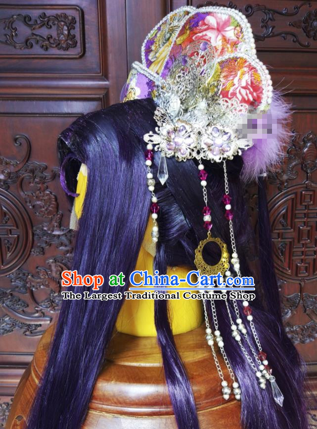China Traditional Puppet Show Young Beauty Hair Accessories Cosplay Queen Purple Wigs and Hair Crown Headwear Ancient Empress Hairpieces