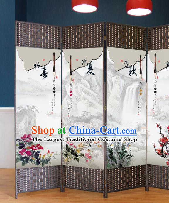 Chinese Ancient Home Ornaments Straw Plaited Articles Handmade Folding Screen Ink Painting Flowers Birds Screens