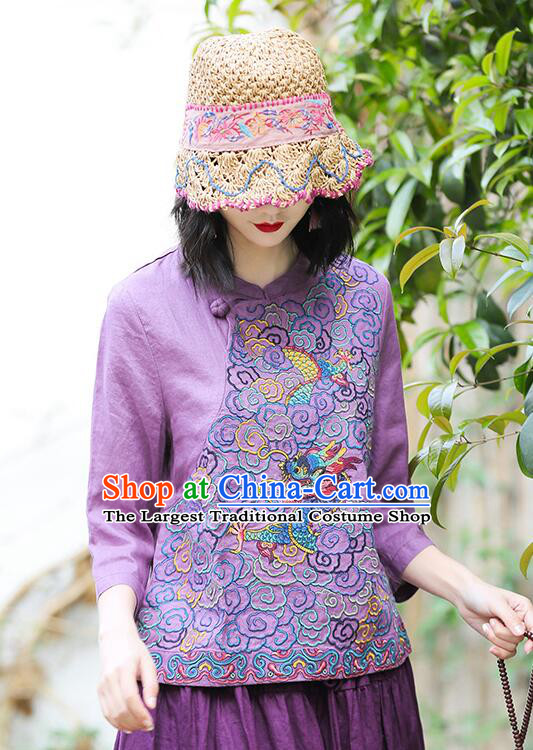 Chinese Traditional Cheongsam Blouse Qipao Upper Outer Garment Embroidered Purple Flax Shirt