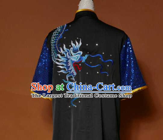 Chinese Changquan Embroidered Dragon Black Outfit Martial Arts Uniforms Kung Fu Costumes Traditional Wushu Competition Clothing