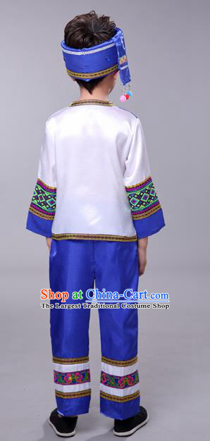 Chinese Tujia Minority Folk Dance Clothing Yi Nationality Boy Royal Blue Outfits Ethnic Festival Costumes
