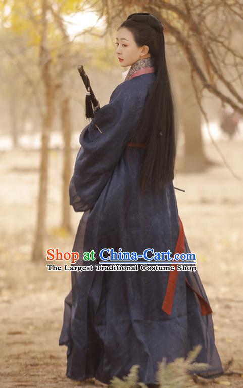 Chinese Han Dynasty Women Historical Costumes Traditional Black Straight Front Robe Hanfu Clothing Ancient Palace Lady Garments