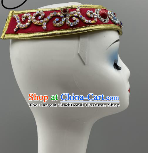 Chinese Ethnic Stage Performance Red Hair Jewelry Mongolian Minority Women Dance Headwear Mongol Nationality Headpiece