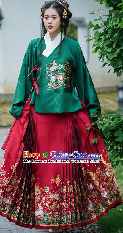 China Ancient Noble Lady Clothing Ming Dynasty Female Historical Costumes Hanfu Green Brocade Blouse and Red Mamian Skirt Complete Set