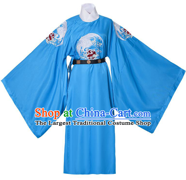 China Tang Dynasty Childe Blue Embroidered Robe Traditional Male Hanfu Garment Ancient Official Costume