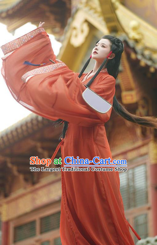 Chinese the Warring States Period Young Woman Red Dress Ancient Court Queen Straight Front Robe Clothing