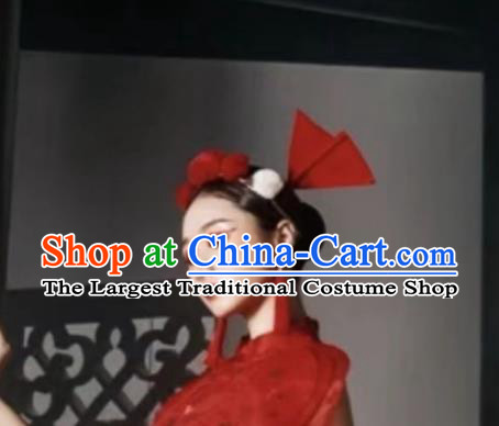 Chinese Modern Fancywork Headdress Professional Stage Performance Red Fan Hairpins
