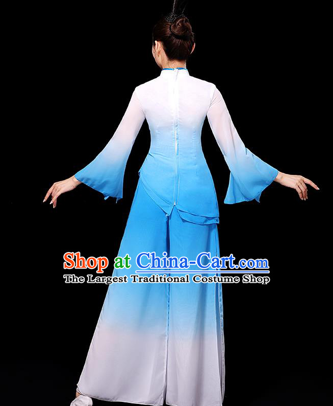 China Women Group Stage Show Costume Umbrella Dance Fashion Fan Dance Clothing Yangko Dance Gradient White Blue Outfit