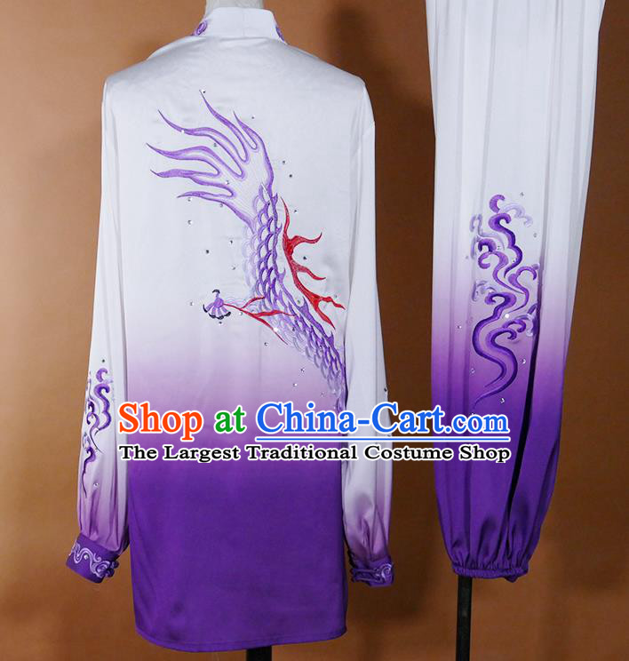 China Martial Arts Costume Tai Chi Performance Outfit Taijiquan Training Embroidered Dragon Clothing Kung Fu Tournament Purple Uniform