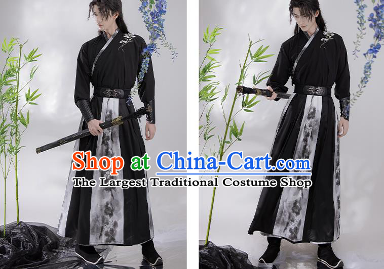China Ancient Young Hero Costumes Ming Dynasty Male Clothing Wuxia TV Series Swordsman Black Hanfu Outfit