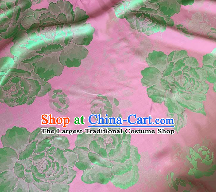 Green and Pink China Qipao Mulberry Silk Material Cheongsam Satin Fabric Traditional Peony Design Jacquard Cloth