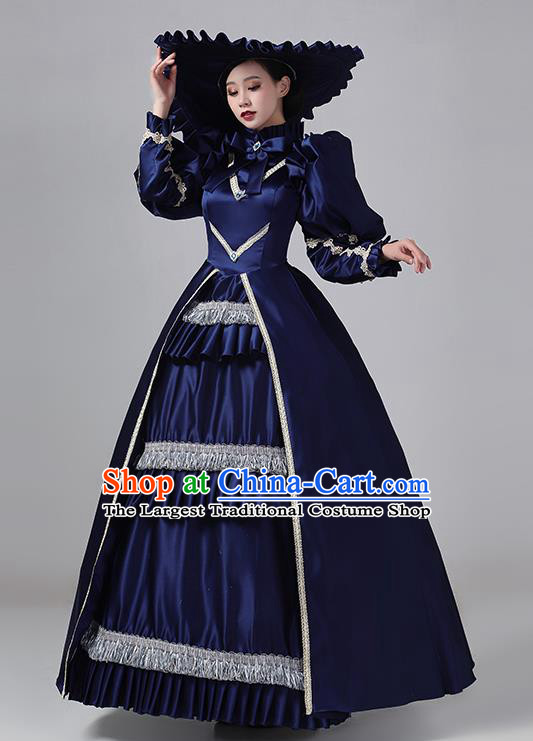 Navy Blue French Medieval Aristocratic Long Dress Retro Princess Garment Stage Show Clothing Drama Costume European Court Dress