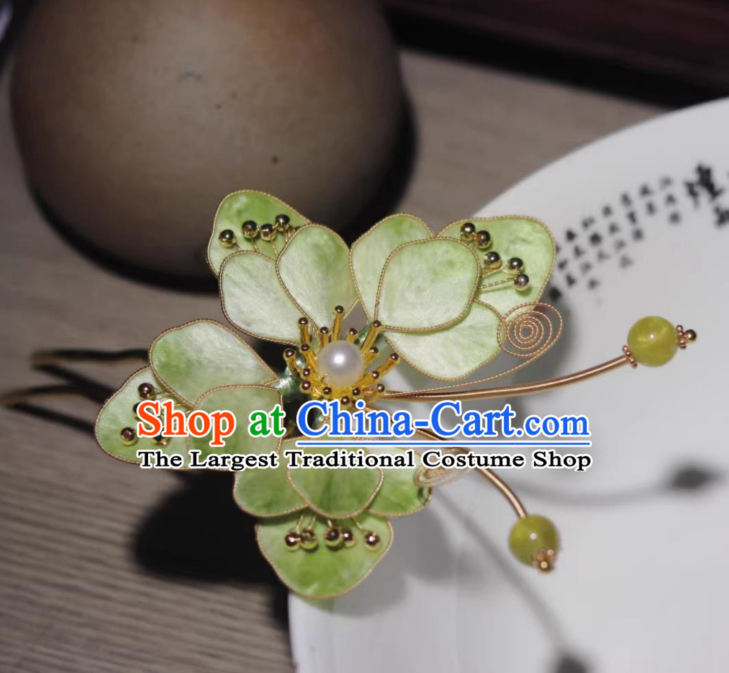 Chinese Ancient Hair Jewelry Ming Dynasty Hanfu Headpiece Handmade Green Butterfly Hairpin Intangible Cultural Heritage Velvet Flower Hair Stick