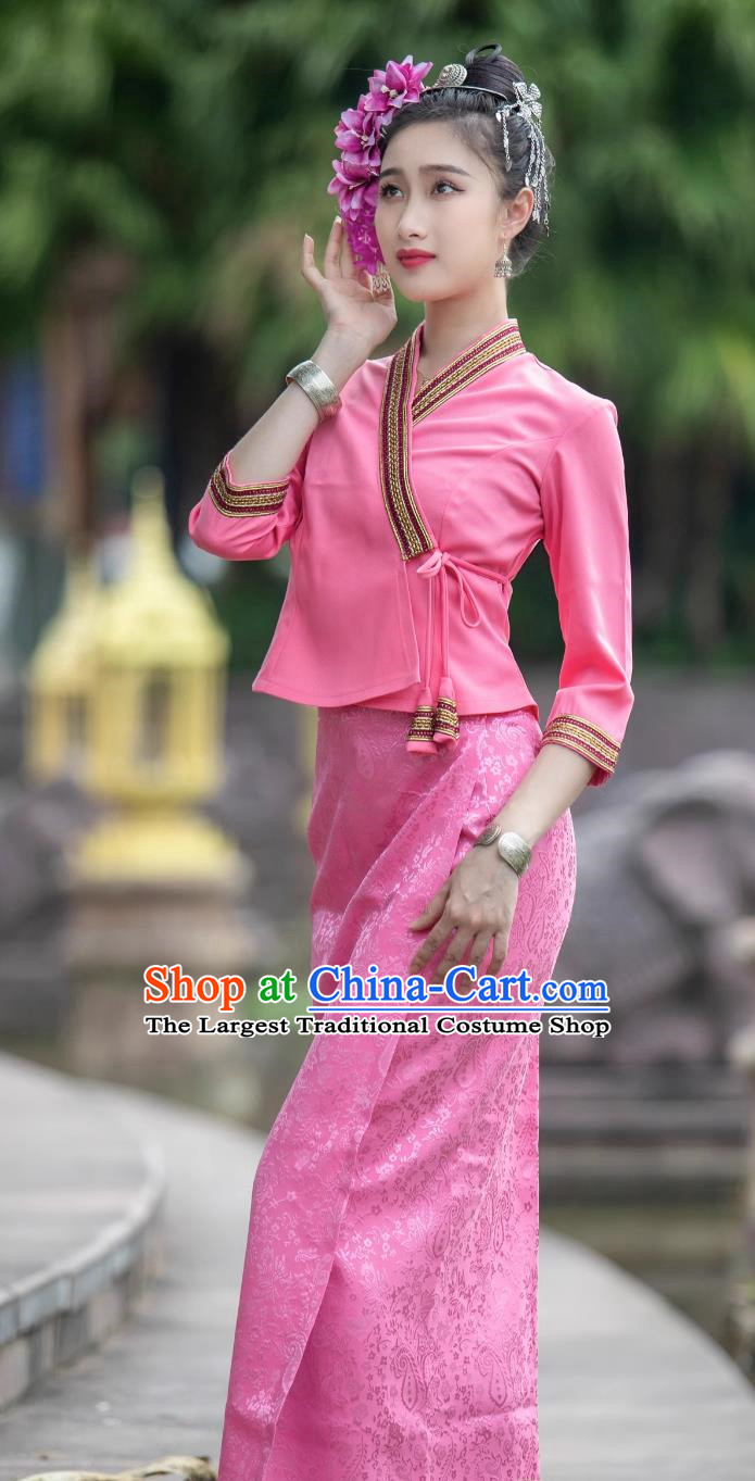 Water Sprinkling Festival Uniform Thailand Traditional Costume Thai Women Clothing Dai Nationality Pink Blouse and Skirt Set
