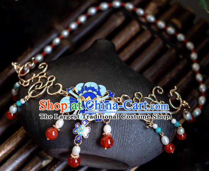 China Handmade Ming Dynasty Court Woman Necklace Traditional Chinese Hanfu Jewelry Ancient Empress Blueing Necklet