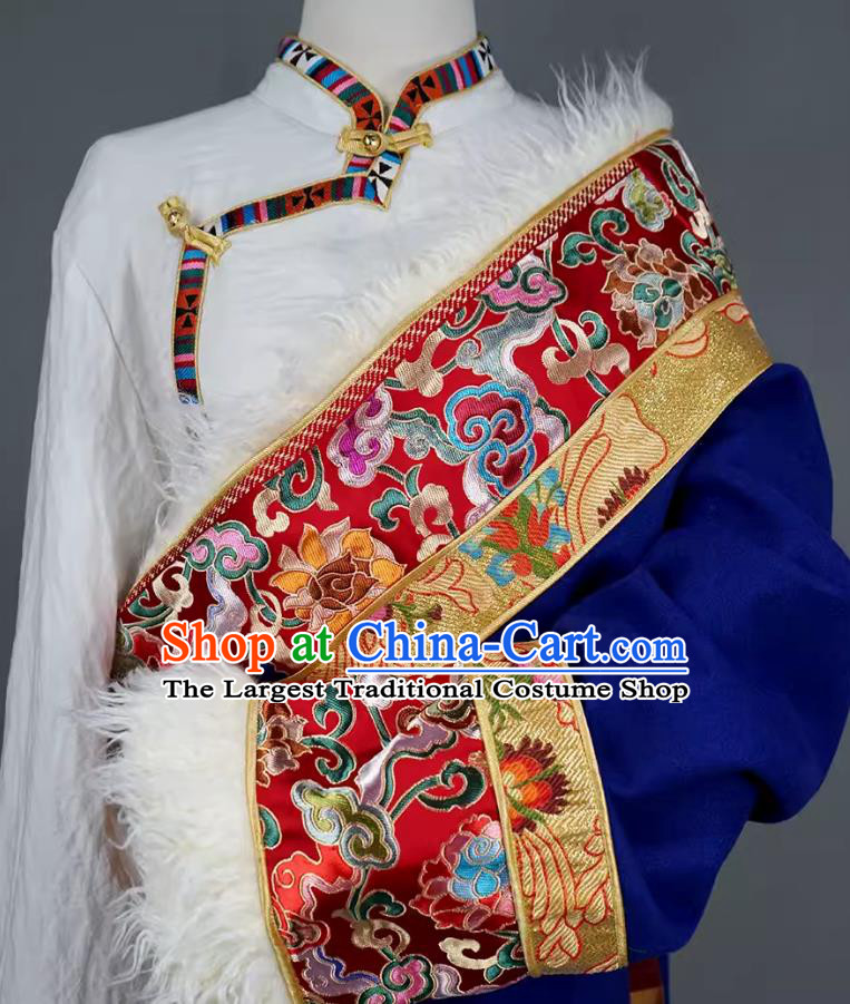 China Zang Nationality Folk Dance Costume Xizang Ethnic Woman Clothing Stage Performance Royal Blue Tibetan Robe