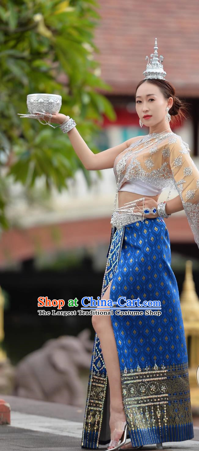 Chinese Dai Princess Clothing Thailand Costume Women Handmade Beaded Bra Skirt with Split Shots Complete Set