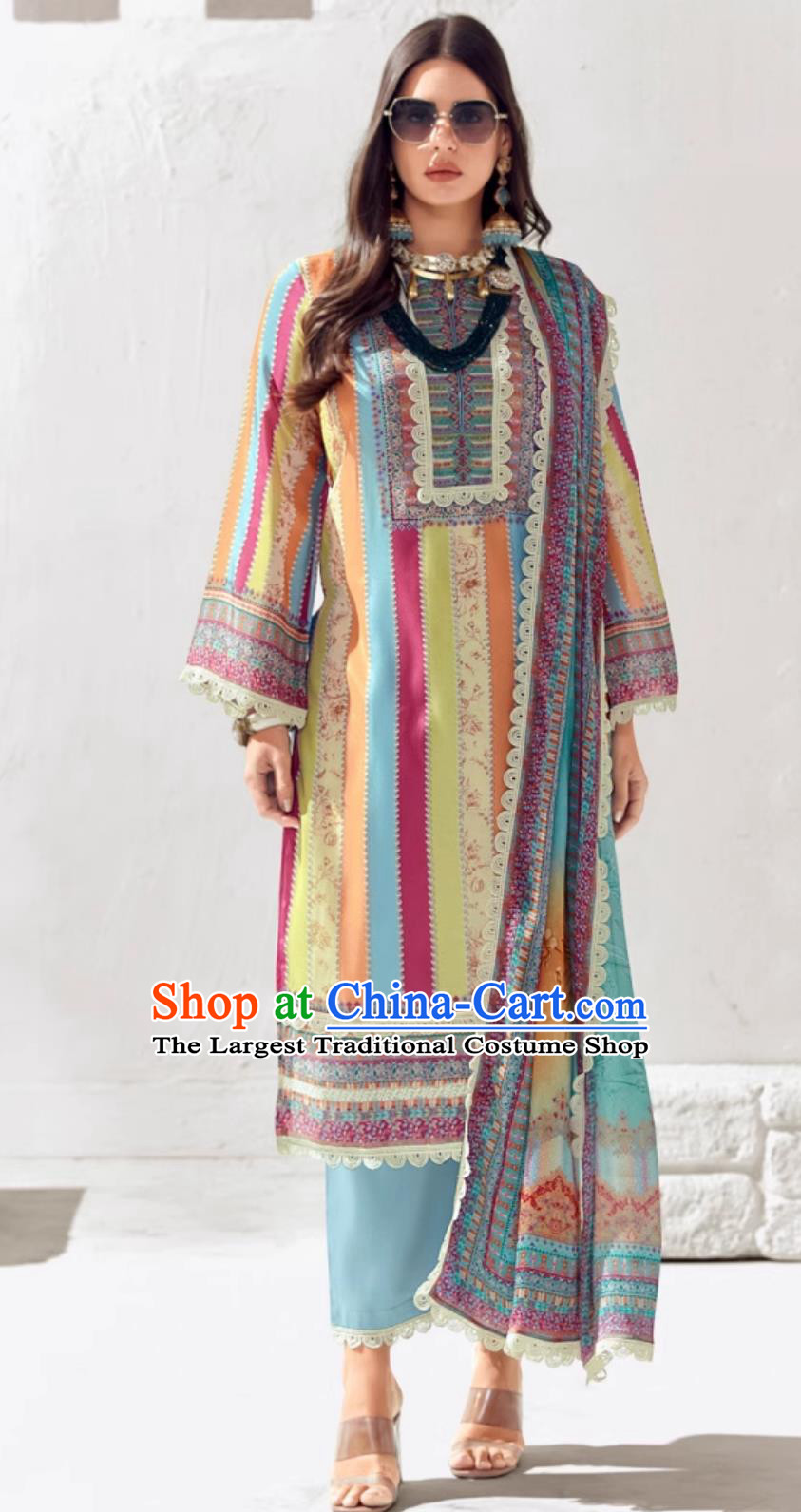 India Blue Punjabi Outfit Traditional Women Clothing Three Piece Set Indian National Costume