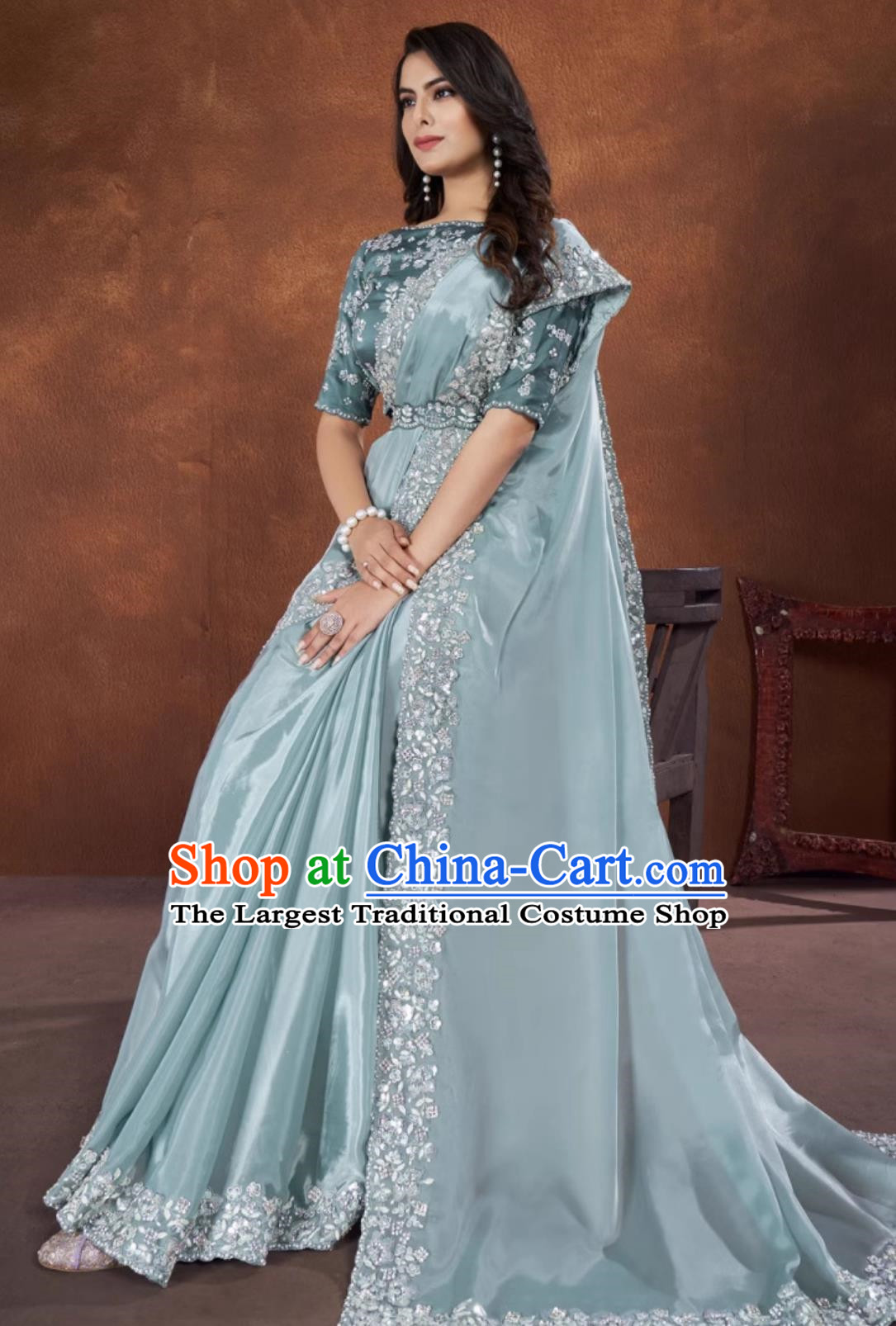 India Embroidery Light Blue Dress Festival Sari National Costume Indian Traditional Women Clothing